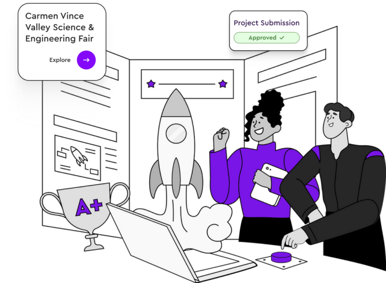 Graphic representing a STEM project showcase with students cheering as their rocket project is approved