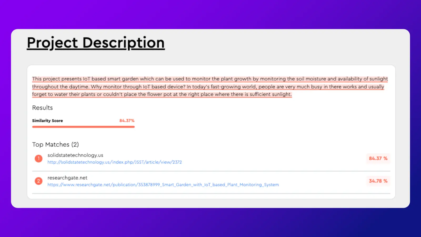 A detailed similarity report for a project description, highlighting significant text flagged for plagiarism with a high similarity score of 84.37%. Two websites are listed as Top Matches for the highlighted text. The text is marked in red, indicating a strong match.