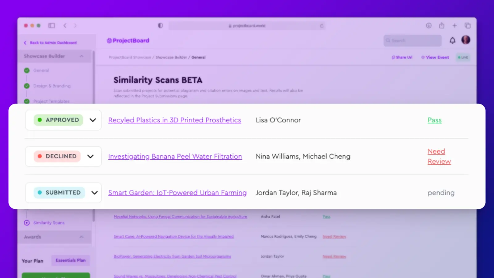 A dashboard interface from ProjectBoard's showcase builder, showing a list of submitted projects under the “Similarity Scans BETA” section. Three projects are listed with different statuses: “Approved,” “Declined,” and “Submitted.” Each project has a title, associated authors and a pass, review, or pending status from the Similarity Scanner feature.