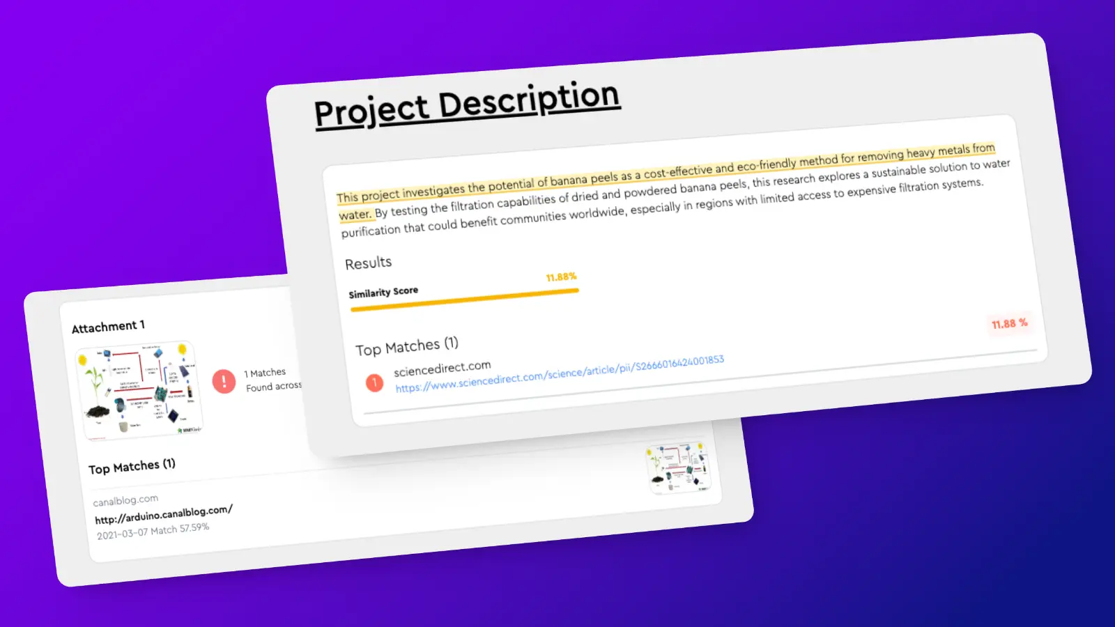 Two overlapping cards displaying a similarity scan result for a project description. On top, a highlighted section shows text flagged for similarity, with a percentage match and identified top matches. Below, an image attachment with a diagram is also flagged for a match. The background is a gradient of purple.