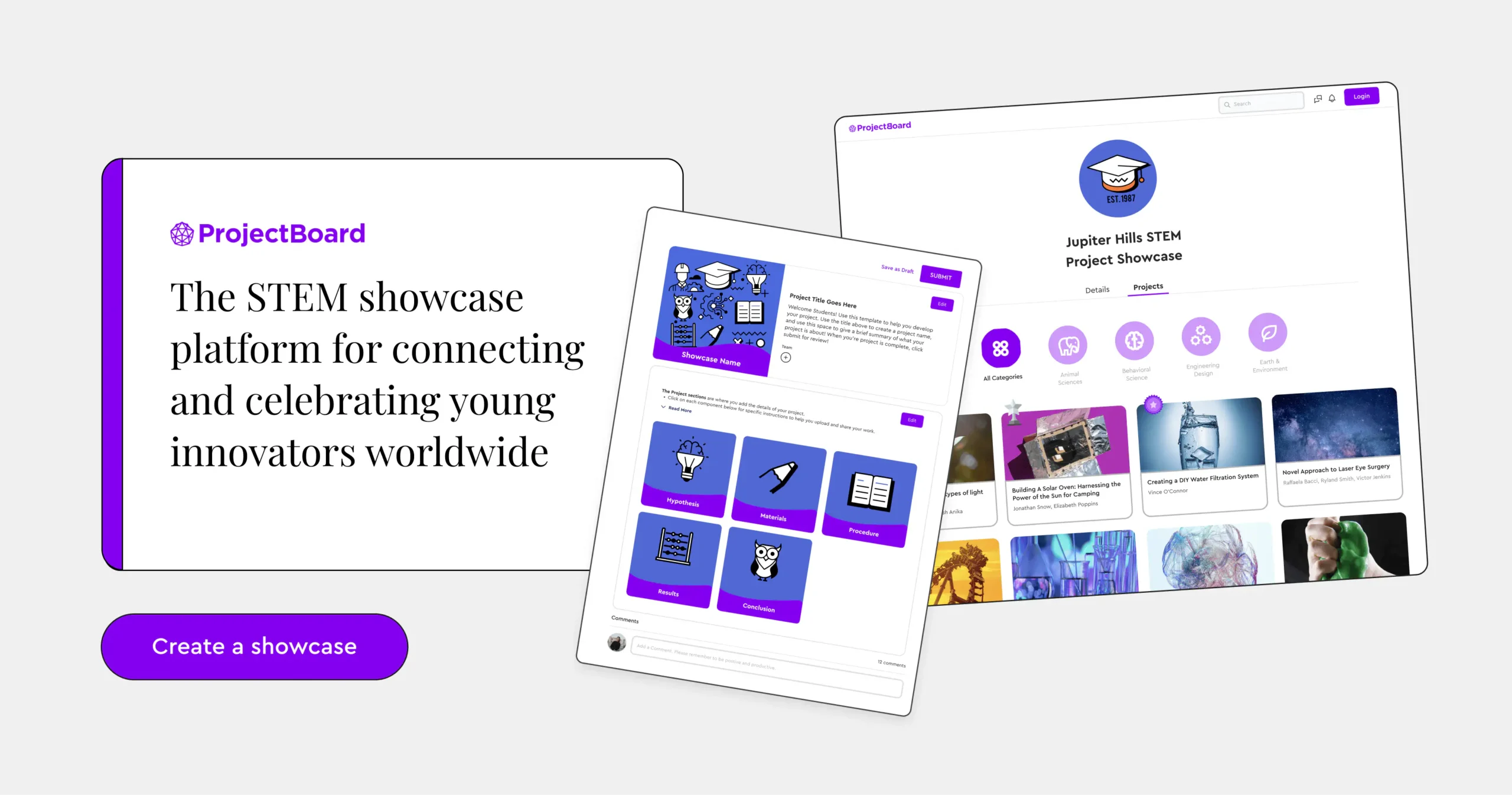 Graphic showing screenshots of the ProjectBoard interface and text saying "The STEM showcase platform for connecting and celebrating young innovators worldwide."